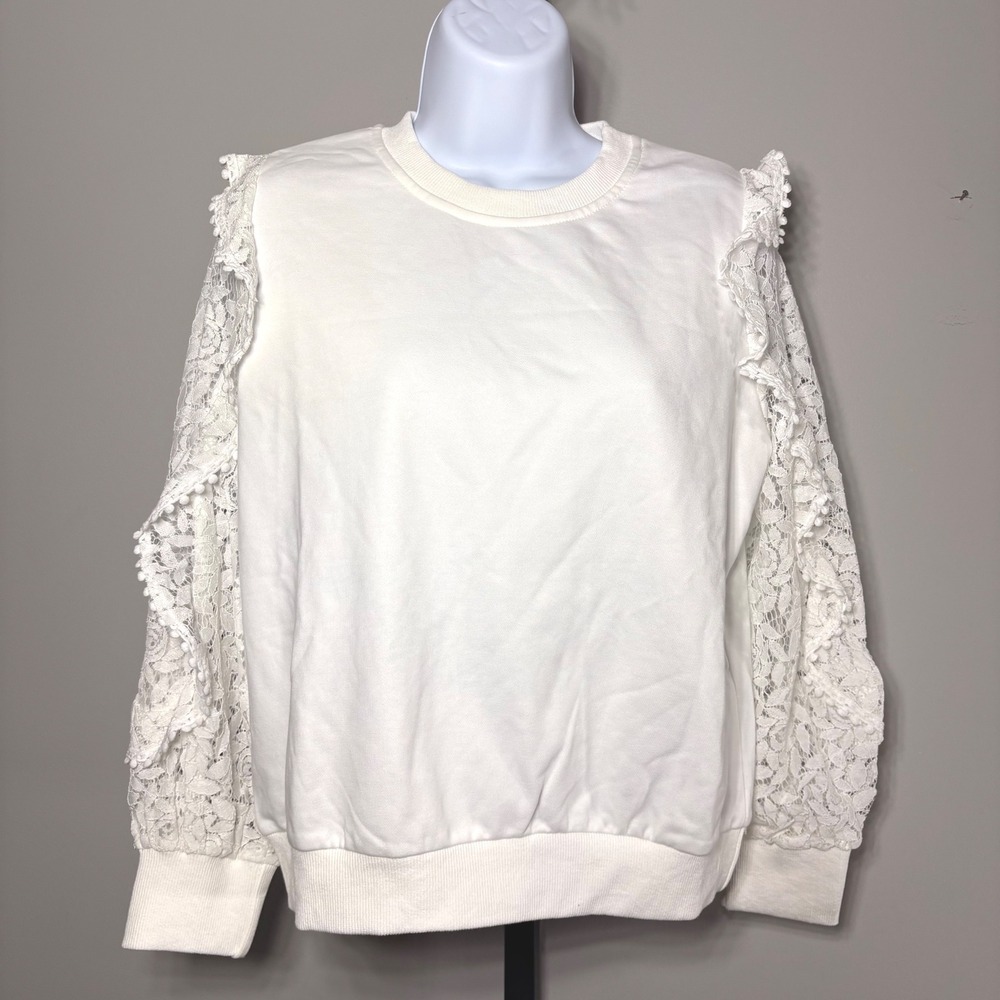 JJ's Fairyland White Lace Ruffle Sleeve Sweatshirt‎ Pom Pom Trim Crew Neck Large